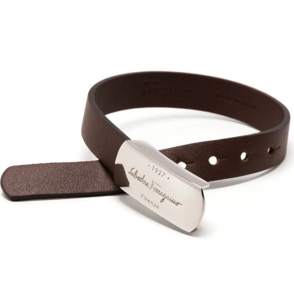 NEW Salvatore Ferragamo Brown Leather & Silver Toned 1927 Logo Buckle Bracelet - Picture 1 of 8